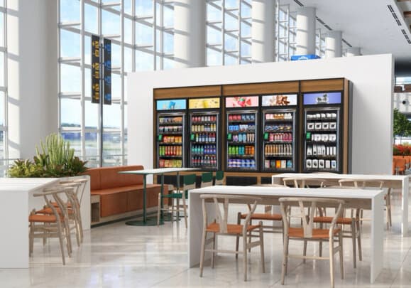 Five-door smart store installation in a large open venue with dining area